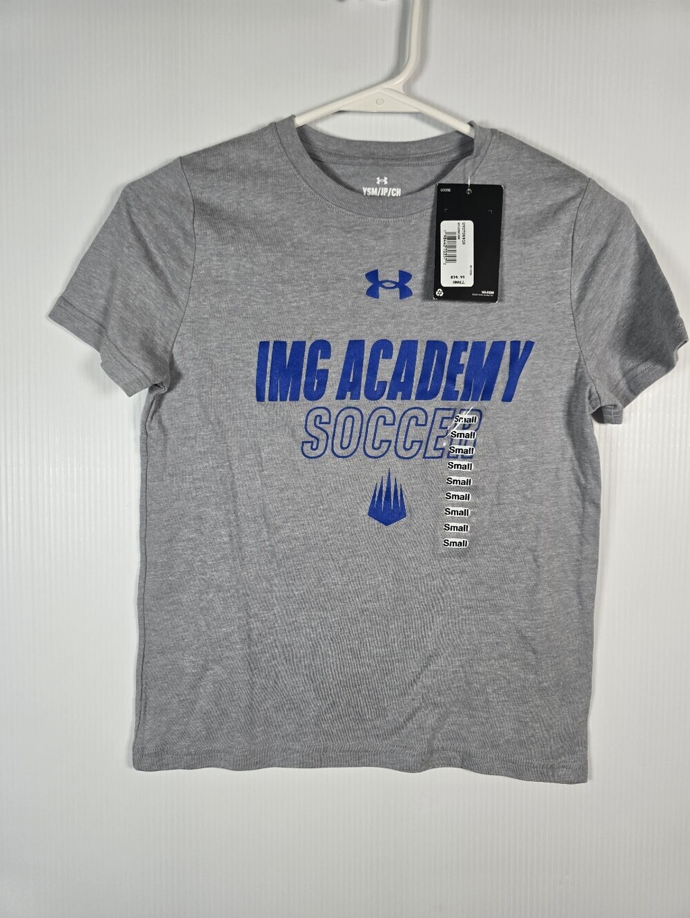 NWT Under Armour Youth Gray Short Sleeve IMG Academy Soccer Tee Blue Logo Size S